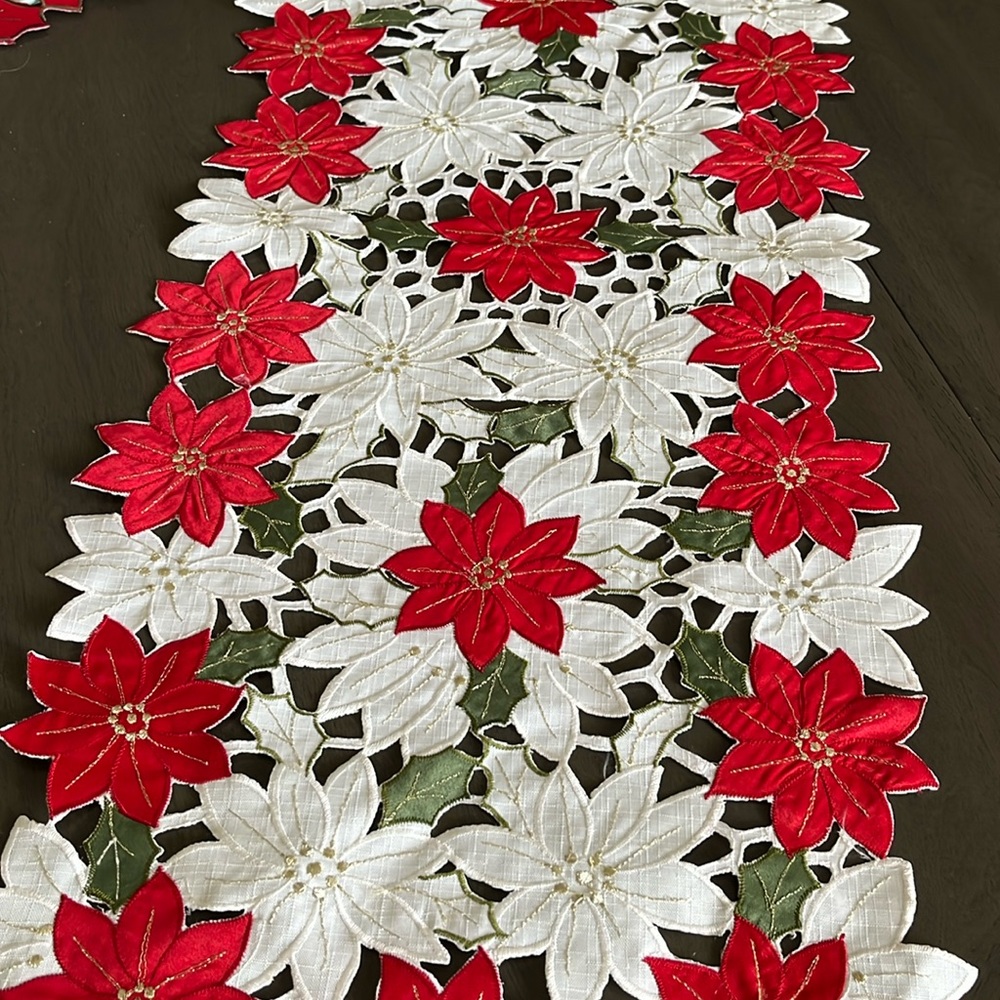 Holiday red & white poinsettia table runner.